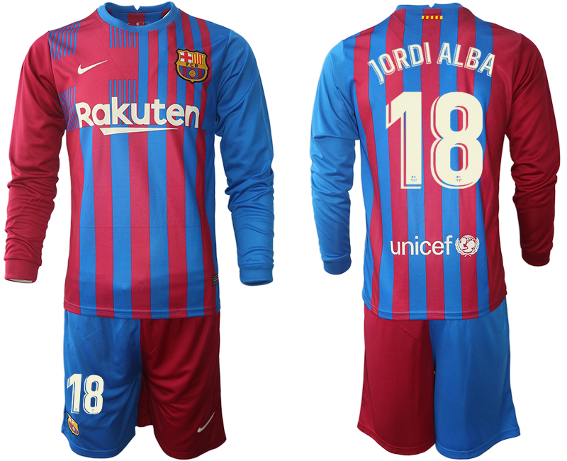 Men 2021-2022 Club Barcelona home red blue Long Sleeve #18 Nike Soccer Jersey->barcelona jersey->Soccer Club Jersey